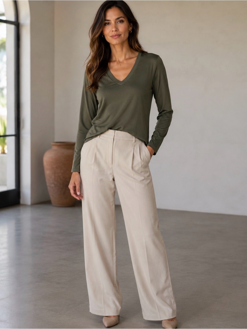 Long Sleeve V-Neck Women's Top in Olive Green